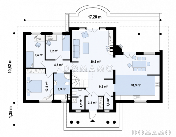 Проект просторного одноэтажного мансардного дома из газобетона с барбекю на крытой угловой террасе / План 1 этажа