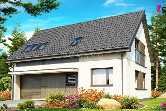 Проект одноэтажного мансардного дома из газобетона с частично крытой террасой и гаражом 