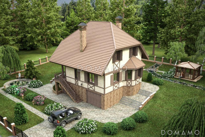 Проект дома на рельефе в стиле фахверк с гаражом в подвале