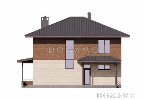 Проект кирпичного дома с 3 спальнями, комнатой на первом этаже и вторым светом в гостиной / Фасад 1