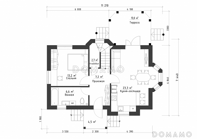 Проект уютного дома с мансардой и террасой / План 1 этажа