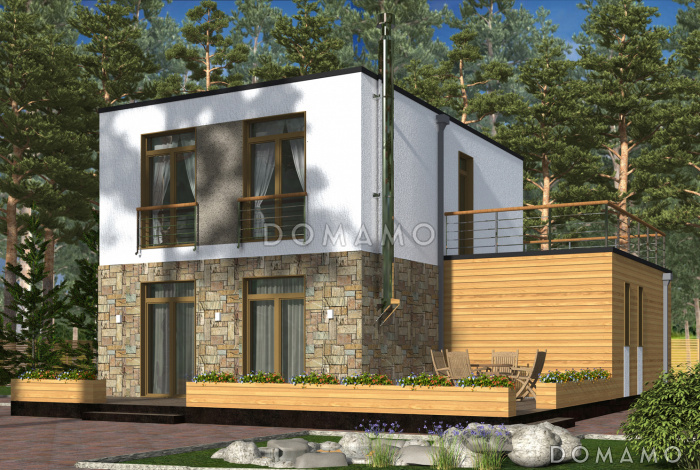 Проект дома с просторной открытой террасой, гаражом, спальнями и большим балконом-террасой на втором этаже