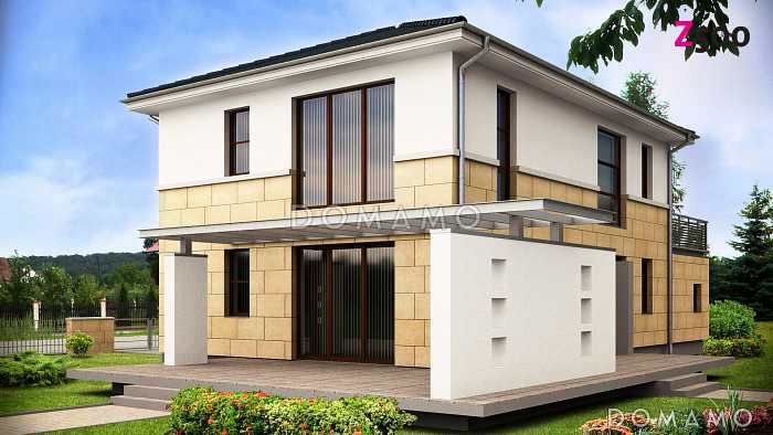 Проект двухэтажного дома из кирпича с гаражом и большой террасой на втором этаже