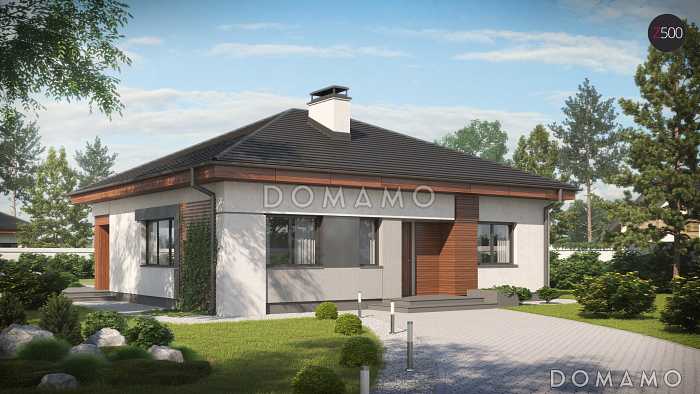 Проект одноэтажного дома из газобетона с тремя спальнями и небольшой крытой угловой террасой 