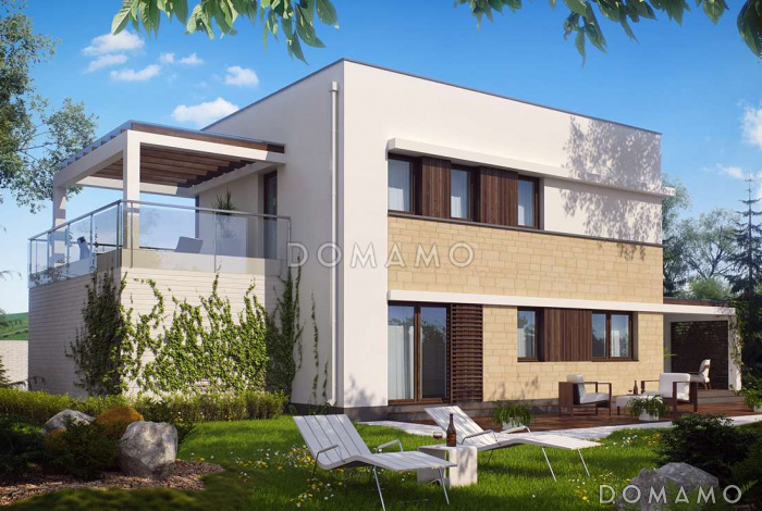 Проект современного двухэтажного дома из газобетона с плоской крышей с кабинетом, гаражом и крытыми террасами на обоих уровнях