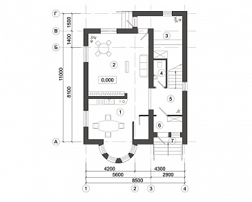 Проект компактного дома с полукруглым эркером / План 1 этажа