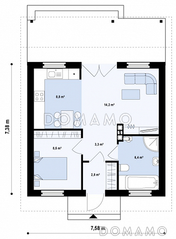 Проект маленького одноэтажного дома из газобетона с просторной крытой террасой / План 1 этажа
