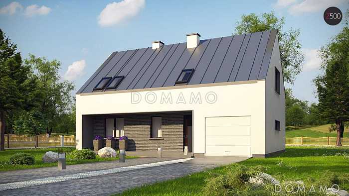 Проект одноэтажного мансардного дома из газобетона в современном стиле, со встроенным гаражом