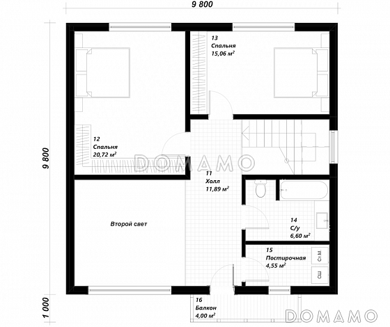 Проект двухэтажного дома в европейском стиле по каркасной технологии со вторым светом  / План 2 этажа