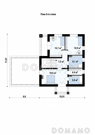 Проект современного двухэтажного дома из кирпича балконом, лоджией и открытой террасой над двухместным гаражом / План 2 этажа