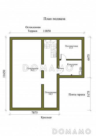 Проект двухэтажного дома с подвалом, гаражом и верандой / План цокольного этажа