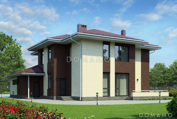 Проект двухэтажного дома из СИП панелей с окнами в пол в гостиной