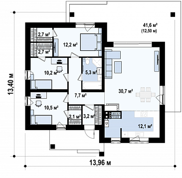 Проект небольшого современного одноэтажного дома из кирпича с тремя спальнями и красивой террасой / План 1 этажа