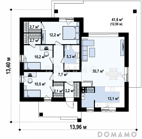 Проект небольшого современного одноэтажного дома из кирпича с тремя спальнями и красивой террасой / План 1 этажа