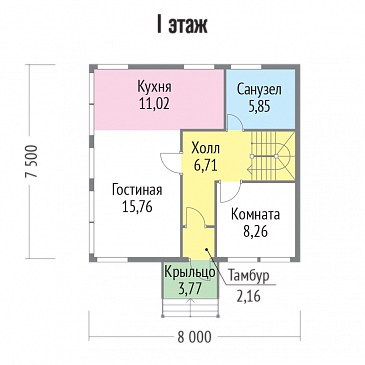 Проект двухэтажного каркасного дома с окнами в пол / План 1 этажа