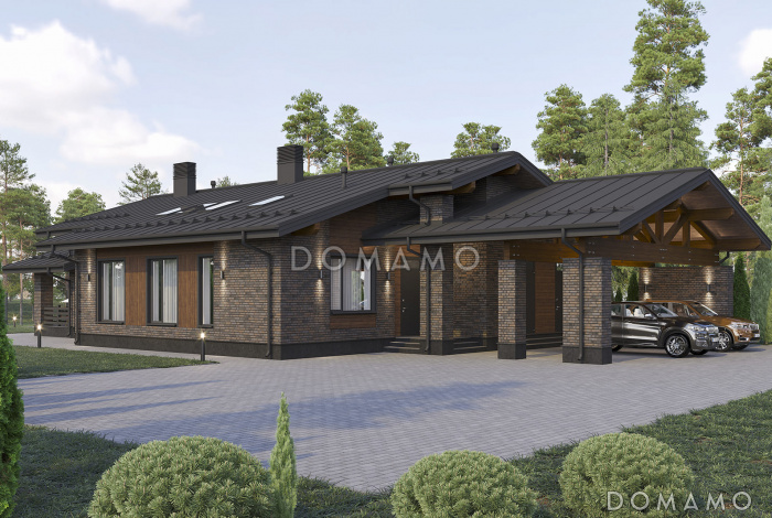 Проект одноэтажного дома с тремя спальнями, крытой террасой, навесом для двух автомобилей