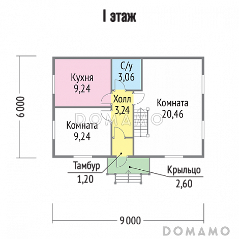 Проект яркого дома из бруса / План 1 этажа