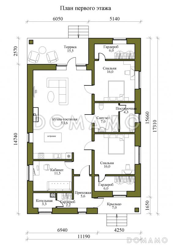Проект одноэтажного дома с просторной кухней-гостиной и террасой / План 1 этажа