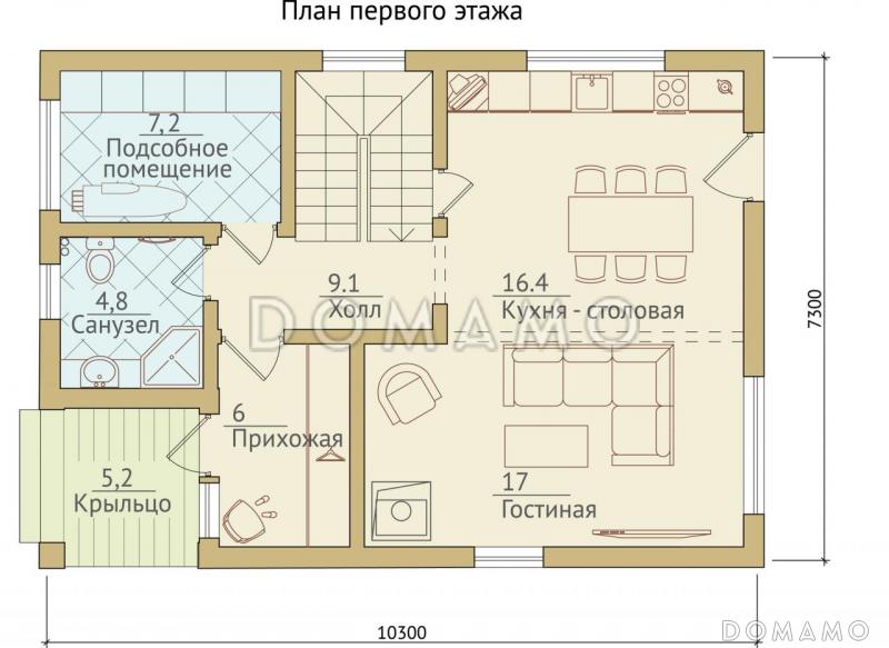 Проект современного двухэтажного каркасного дома / План 1 этажа