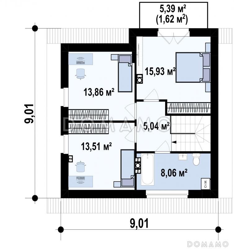 Проект дома с террасой, мансардными окнами, балконом,  треугольным окном в ванной на мансарде / План мансардного этажа