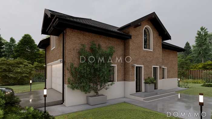 Проект гаража из газобетона с мансардным этажом и облицовкой из кирпича