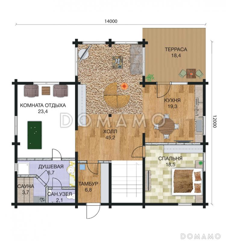 Проект деревянного дома из клееного бруса с большим эркером который является архитектурным украшением всего дома / План 1 этажа