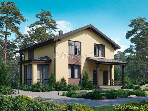 Проект дома с двумя террасами, эркером, просторной гостиной, кабинетом