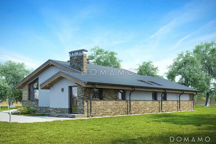 Проект одноэтажного дома с просторной кухней-столовой, кабинетом, кладовыми