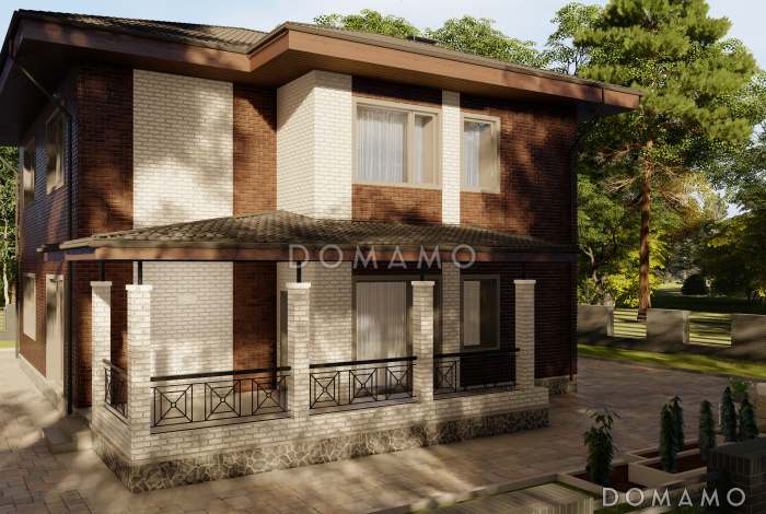 Проект двухэтажного дома с крытой террасой, тремя спальнями и гардеробными