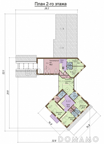 Проект большого двухэтажного дома с цокольным этажом, гаражом на три автомобиля, бассейном и зимним садом / План 2 этажа