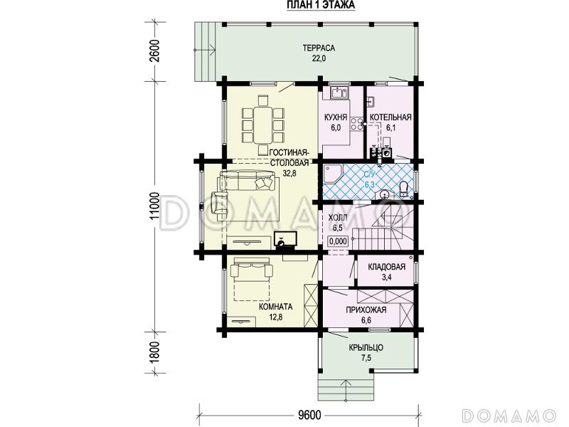Проект двухэтажного дома с террасой, кладовой, двумя детскими спальнями / План 1 этажа