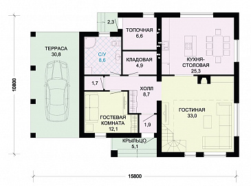 Проект дома из панелей SIP в стиле фахверк с двусветной гостиной и навесом для машины / План 1 этажа