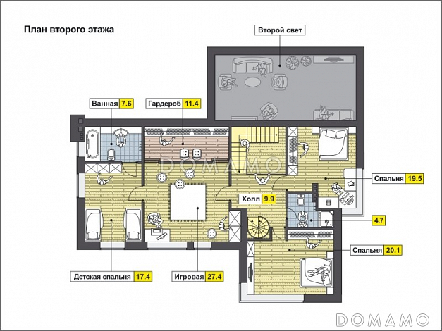 Проект дома с косой крышей, террасой, вытянутой прямоугольной кухней, просторной совмещенной гостиной столовой, спальней на первом этаже, вторым светом, игровой, кабинетом под крышей / План 2 этажа