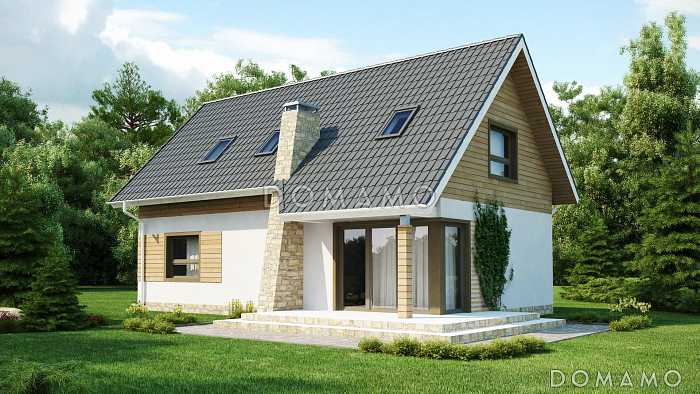 Проект загородного дома с камином в гостиной, террасой, кладовой под лестницей