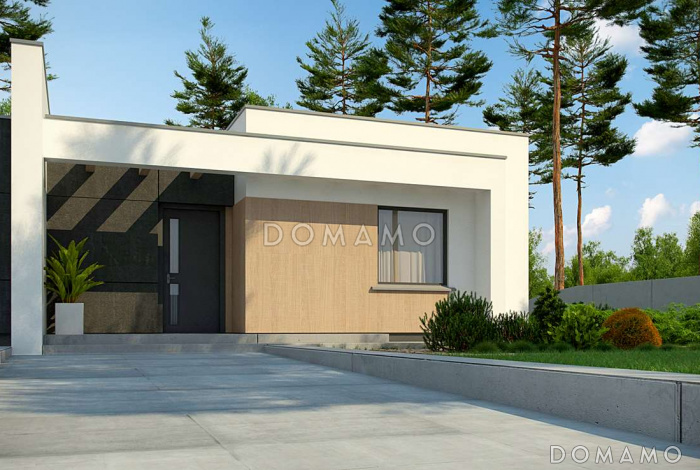 Проект компактного одноэтажного дома из кирпича с плоской крышей, с тремя спальнями и угловой крытой террасой