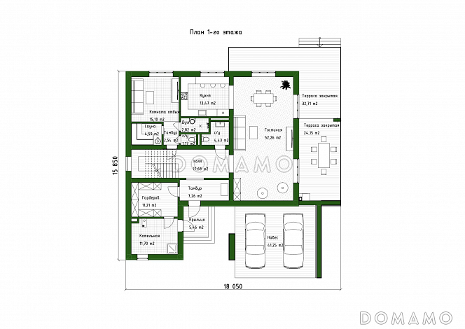 Проект дома в стиле хай-тек с 3 спальнями, большой гостиной, сауной и двухместным автонавесом / План 1 этажа