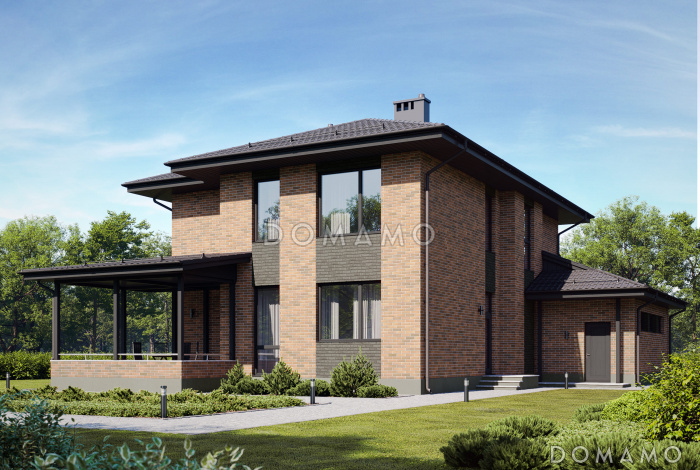 Проект двухэтажного дома  с 4 спальнями, кабинетом, гаражом на 2 машины и квадратной террасой