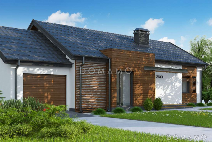 Проект одноэтажного дома из газобетона с современными фасадами, эркерами и гаражом