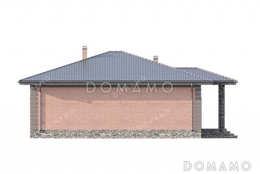 Проект уютного одноэтажного дома с крытой террасой, застекленной верандой, тремя спальнями и двумя санузлами / Фасад 3