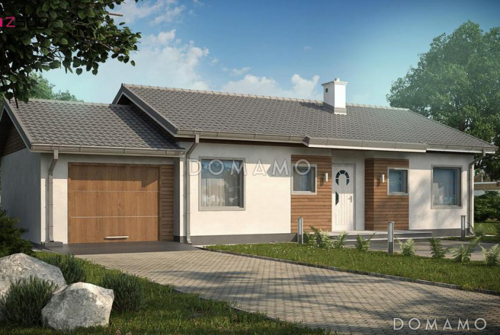 Проект одноэтажного дома с двухскатной крышей, гаражом, ванной с окном