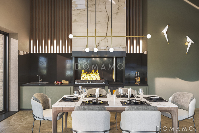 Проект дома по каркасной технологии с четырьмя спальнями, теплой зоной барбекю и навесом для двух автомобилей