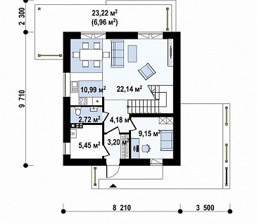 Проект двухэтажного дома с кабинетом, террасой, ванной с окном / План 1 этажа