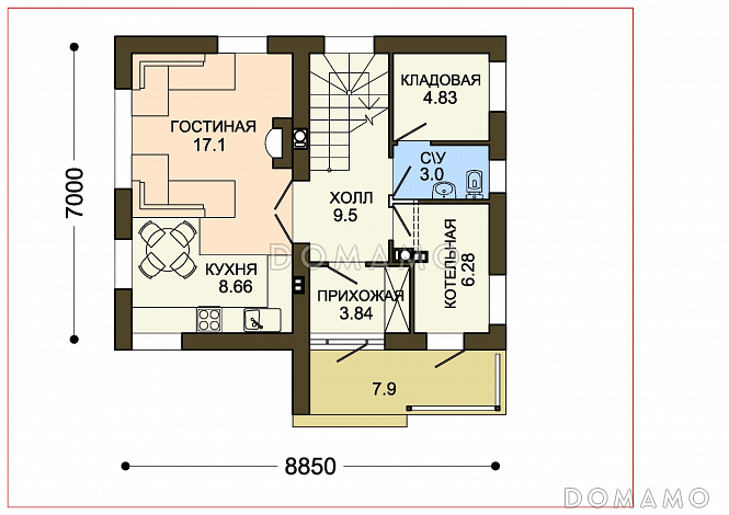 Проект небольшого двухэтажного коттеджа в польском стиле / План 1 этажа