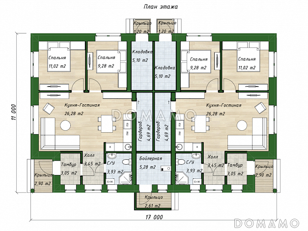 Проект одноэтажного дома из газобетона на две семьи / План 1 этажа