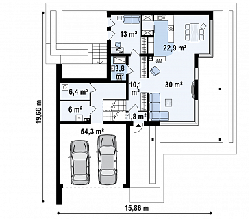 Проект современного двухэтажного дома из газобетона с подземным гаражом и террасой на втором уровне / План 1 этажа