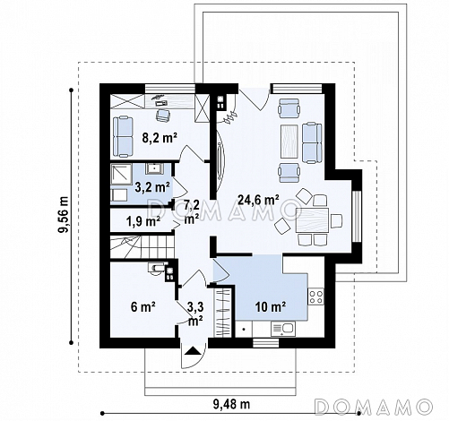 Проект небольшого одноэтажного мансардного дома из газобетона с эркером, с кабинетом и тремя спальнями / План 1 этажа