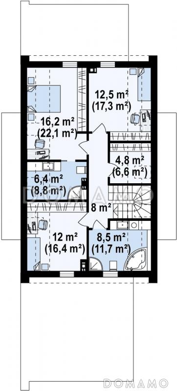 Проект удобного современного одноэтажного мансардного дома из газобетона с гаражом и тремя спальнями на мансарде / План мансардного этажа