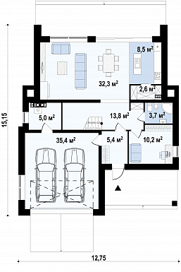 Проект современного двухэтажного дома из газобетона с плоской крышей, с четырьмя комнатами, гаражом и террасами на двух уровнях   / План 1 этажа