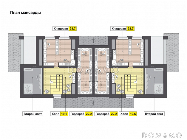 Проект загородного дома с изолированной кухней, крытой террасой, лоджиями, вторым светом / План мансардного этажа