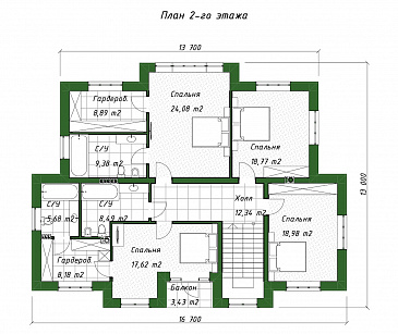 Проект двухэтажного дома из газобетона с пристроенным навесом, верандой и камином / План 2 этажа